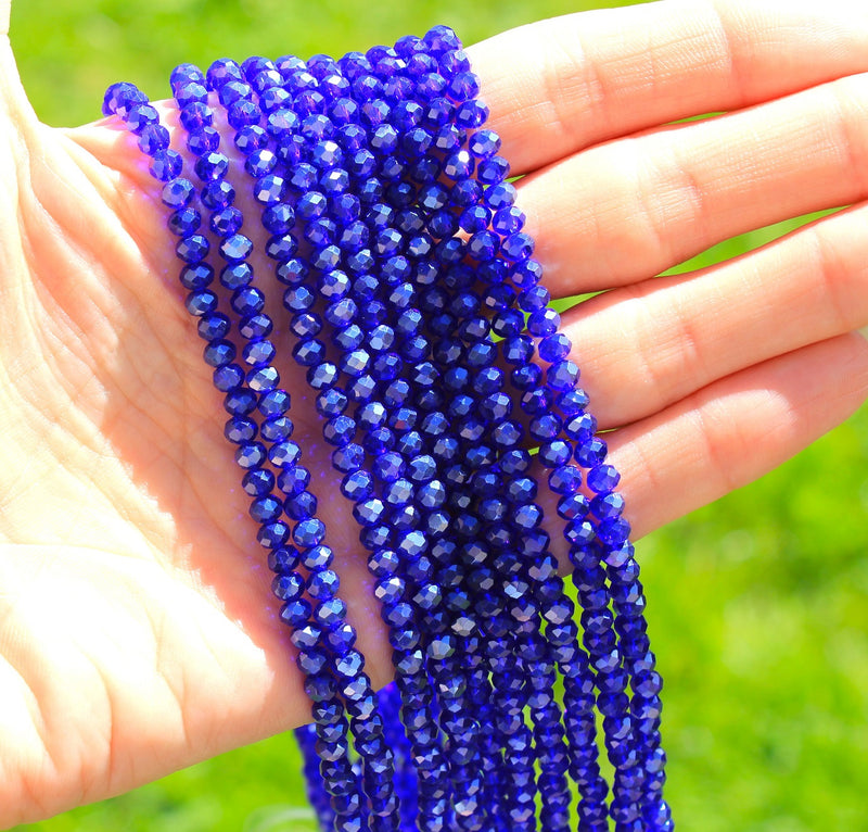 The Bead Store 4x3mm Electroplated Faceted Glass Rondelle Beads ~ Lustred Dark Blue ~ approx. 115 beads
