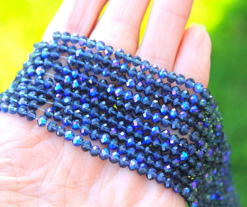 The Bead Store 4x3mm Electroplated Faceted Glass Rondelle Beads Montana Blue AB 