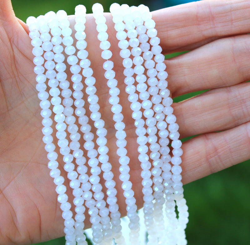 The Bead Store 4x3mm Faceted Glass Rondelle Beads Lustred White Jade 
