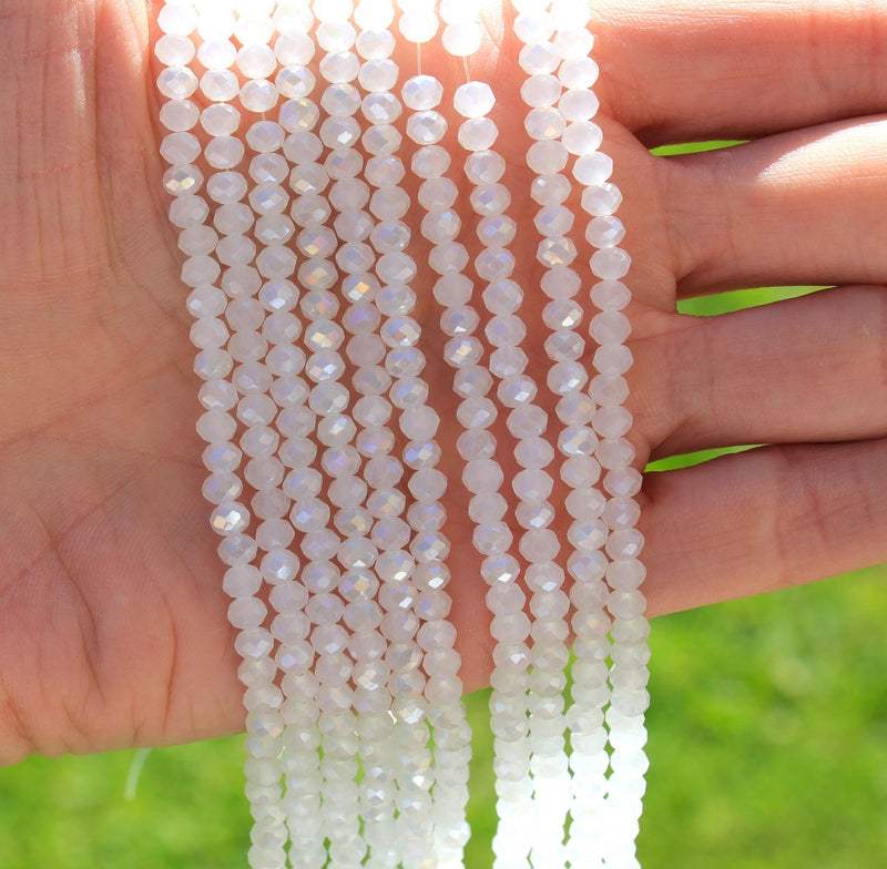 The Bead Store 4x3mm Faceted Glass Rondelle Beads ~ Lustred White Jade AB ~ approx. 113 beads