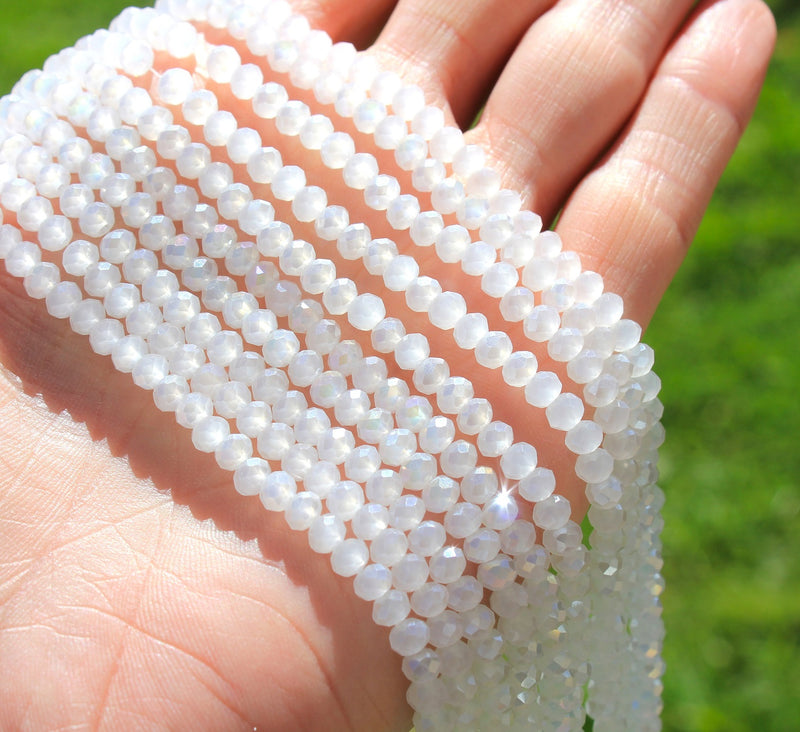 The Bead Store 4x3mm Faceted Glass Rondelle Beads ~ Lustred White Jade AB ~ approx. 113 beads