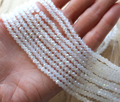The Bead Store 4x3mm Faceted Glass Rondelle Beads ~ Lustred White Jade AB ~ approx. 113 beads