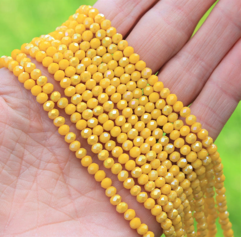 The Bead Store 4x3mm Faceted Glass Rondelle Beads Opaque Lustred Yellow AB 