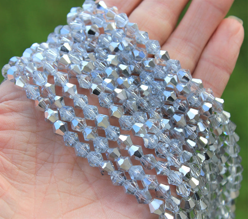 The Bead Store 6mm Glass Bicones ~ AA Grade ~ Half Silver Plated Crystal ~ approx. 45 beads