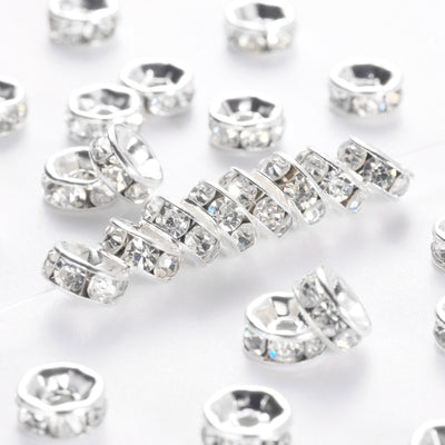 The Bead Store 6x3mm Silver Plated Brass Rhinestone Rondelle Spacers Crystal Pack of 10