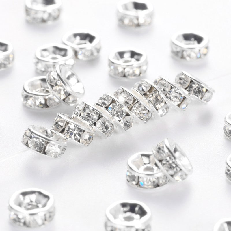 The Bead Store 6x3mm Silver Plated Brass Rhinestone Rondelle Spacers Crystal Pack of 10