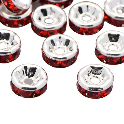 The Bead Store 6x3mm Silver Plated Brass Rhinestone Rondelle Spacers Red Pack of 10