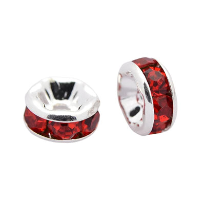 The Bead Store 6x3mm Silver Plated Brass Rhinestone Rondelle Spacers Red Pack of 10