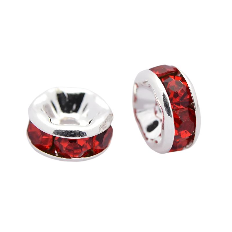 The Bead Store 6x3mm Silver Plated Brass Rhinestone Rondelle Spacers Red Pack of 10
