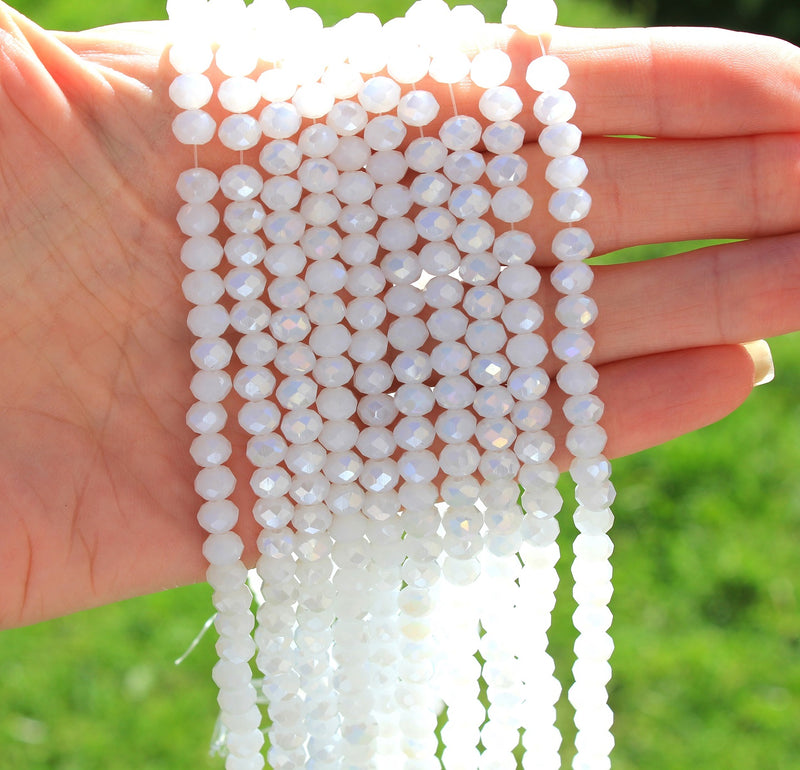 The Bead Store 6x5mm Faceted Crystal Glass Rondelle Beads ~ Jade Style White AB ~ approx. 85 beads