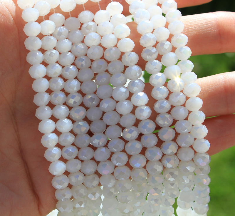 The Bead Store 6x5mm Faceted Crystal Glass Rondelle Beads ~ Jade Style White AB ~ approx. 85 beads