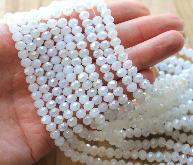 The Bead Store 6x5mm Faceted Crystal Glass Rondelle Beads ~ Jade Style White AB ~ approx. 85 beads