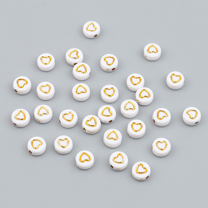 The Bead Store 7mm Acrylic Beads White with Golden Hearts 30 beads