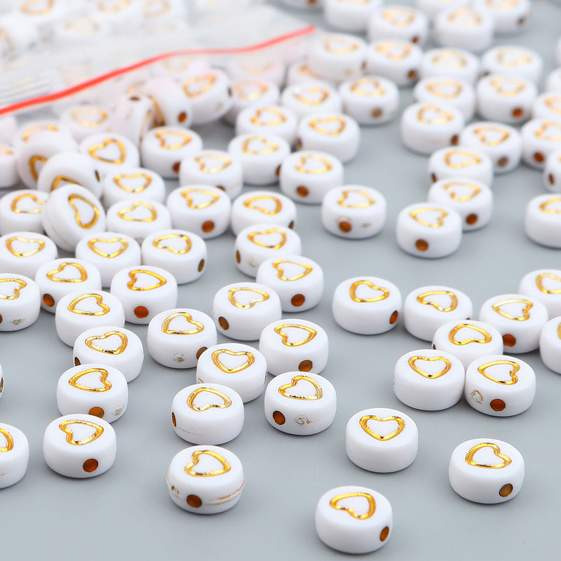 The Bead Store 7mm Acrylic Beads White with Golden Hearts 30 beads