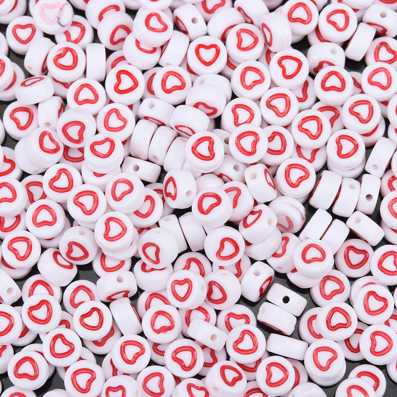 The Bead Store 7x4mm Flat Round Acrylic Beads White with Red Hearts Pack of 50