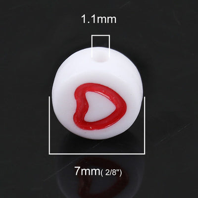 The Bead Store 7x4mm Flat Round Acrylic Beads White with Red Hearts Pack of 50