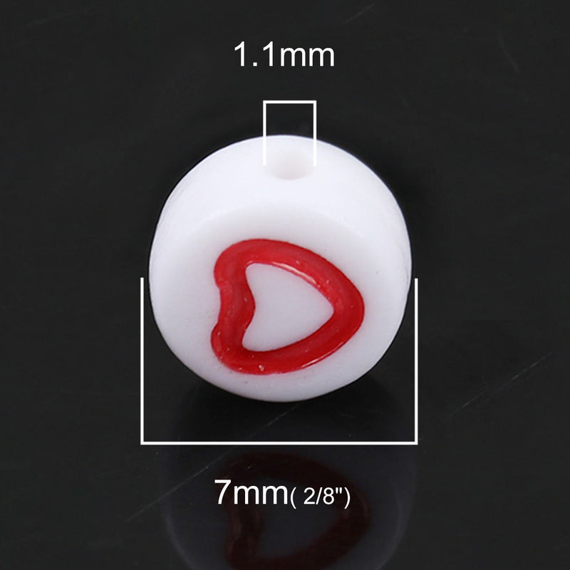 The Bead Store 7x4mm Flat Round Acrylic Beads White with Red Hearts Pack of 50