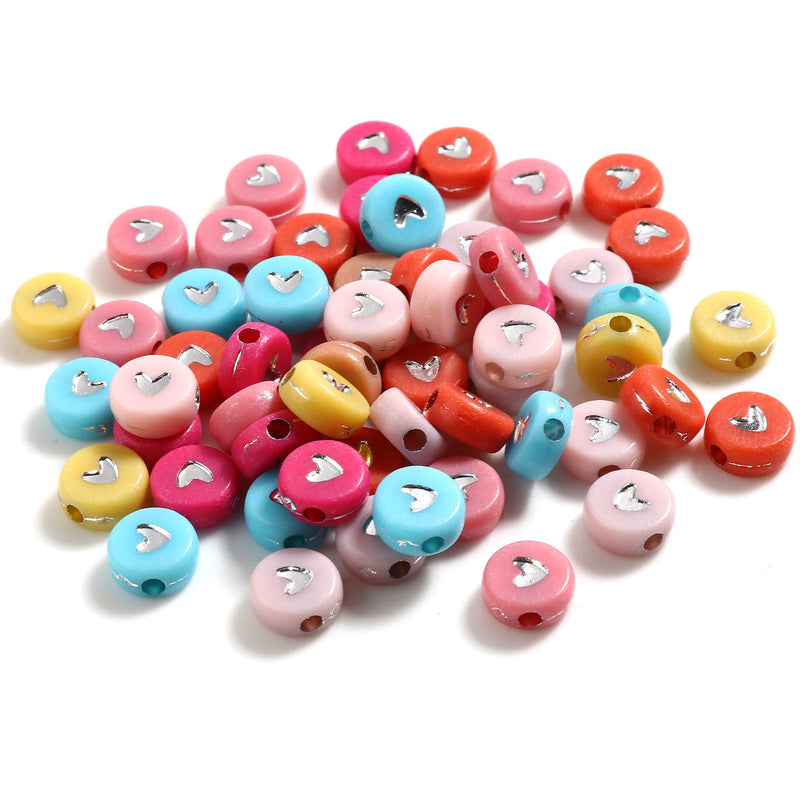 The Bead Store 7x4mm Flat Round Silver Heart Acrylic Beads Mixed Colours Pack of 50