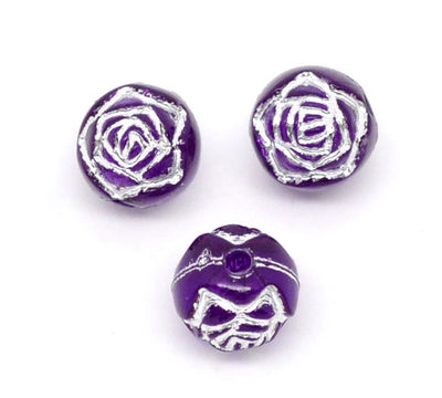 The Bead Store 8mm Round Acrylic Rose Flower Beads ~ Purple and Silver ~ Pack of 20