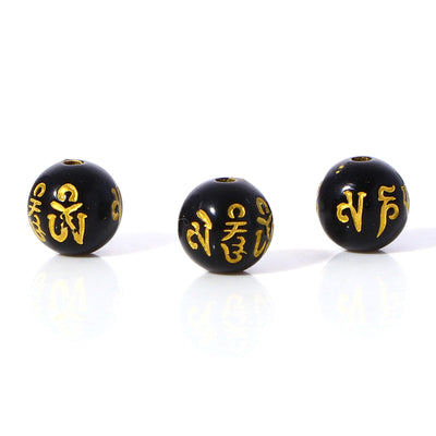 The Bead Store 8mm Round Acrylic Six Words Mantra Beads ~ Black and Gold ~ Pack of 20 