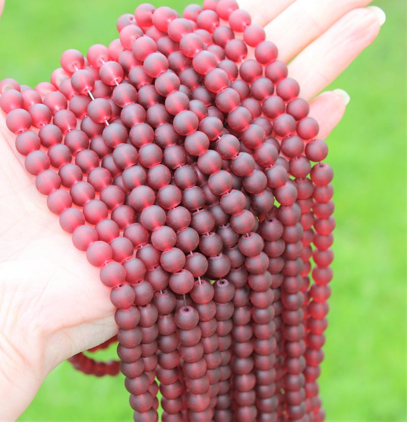 The Bead Store 8mm Round Frosted Glass Beads Dark Red approx. 99 beads