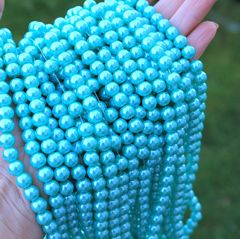 The Bead Store 8mm Round Glass Pearls ~ Turquoise ~ Approx. 100 beads