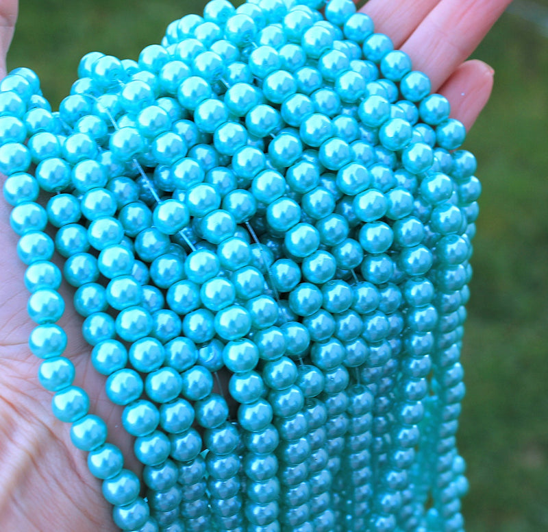 The Bead Store 8mm Round Glass Pearls ~ Turquoise ~ Approx. 100 beads