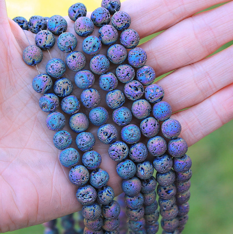 The Bead Store 8mm Round Natural Lava Beads Multicolour Plated 48 beads / string 