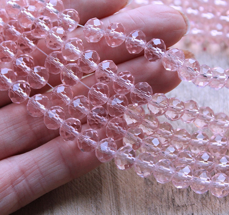 The Bead Store 8x6mm Faceted Glass Rondelle Beads Transparent Pink 65 beads string