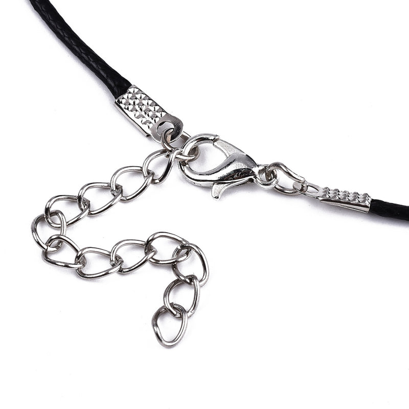 The Bead Store Black Waxed Cord Necklace with Lobster Clasp and Extension Chain ~ 17" long ~ Pack of 4