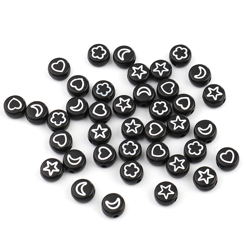 The Bead Store Black and White Acrylic Beads ~ Star, Flower, Moon and Heart Mix ~ 40 Beads