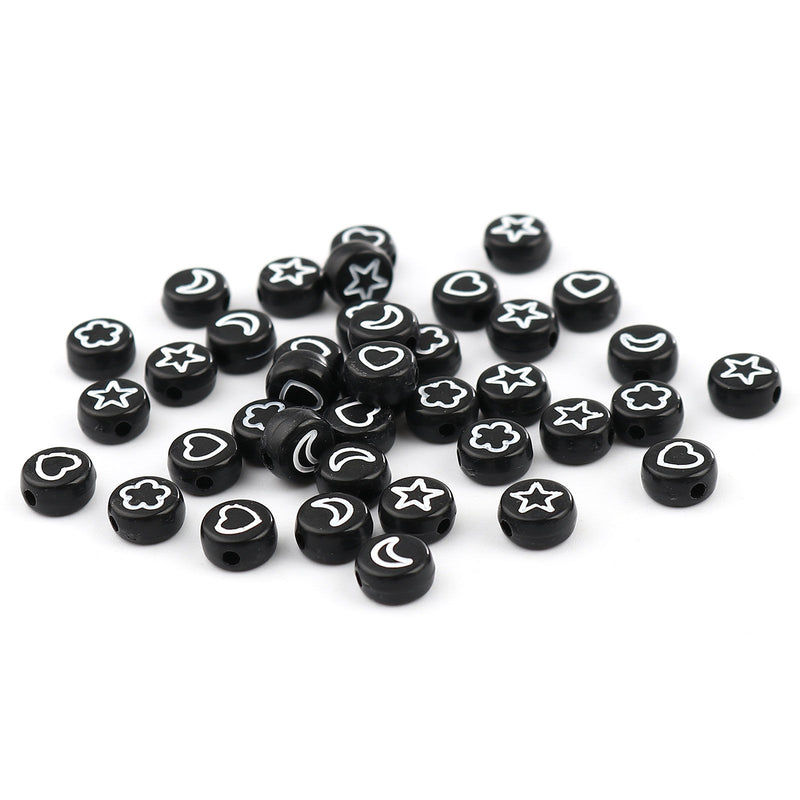 The Bead Store Black and White Acrylic Beads ~ Star, Flower, Moon and Heart Mix ~ 40 Beads