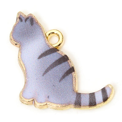 The Bead Store Gold Plated Enamelled Cat Charm ~ Grey with Black Stripes