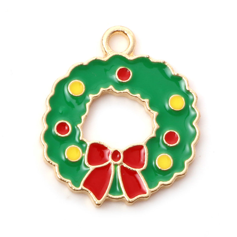 The Bead Store Gold Plated Enamelled Christmas Wreath Charm 