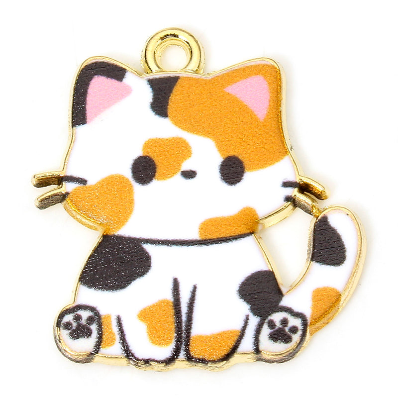 The Bead Store Gold Plated White, Black and Orange Enamel Cat Charm 