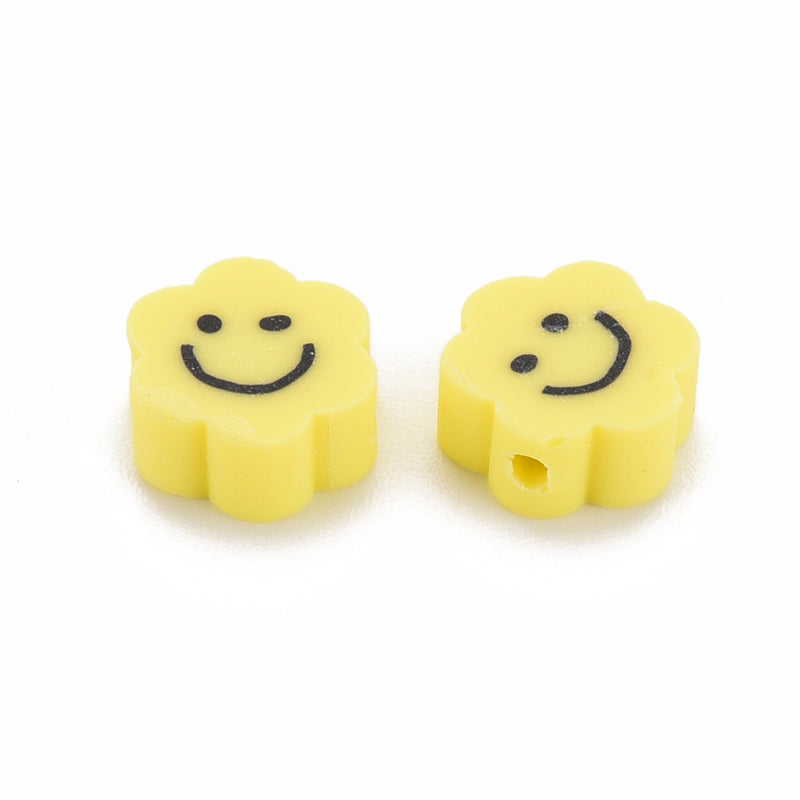 9mm Handmade Polymer Clay Beads ~ Yellow Flower with Smiley Face ~ pack of 5