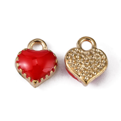8mm Gold Plated Red Enamel Heart Charms ~ Pack of 5