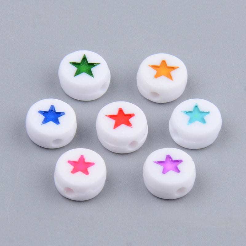 7x4mm Acrylic Beads ~ White / Mixed Colour Stars ~ 30 Beads