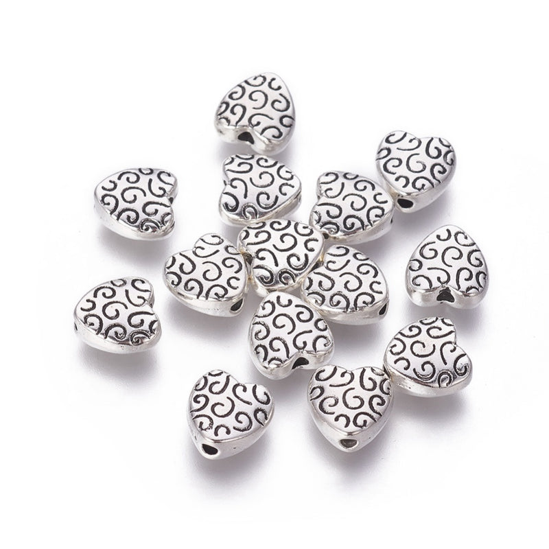 9mm Antique Silver Plated Metal Heart Shaped Beads ~ Scroll Design ~ pack of 5