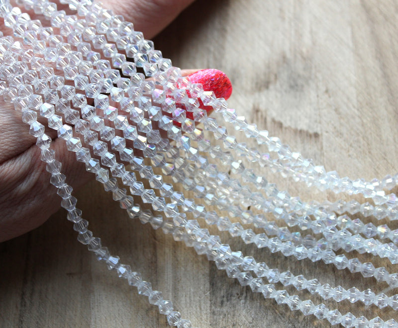 4mm Electroplated Crystal Glass Bicones ~ Crystal AB ~ approx. 87 beads/string