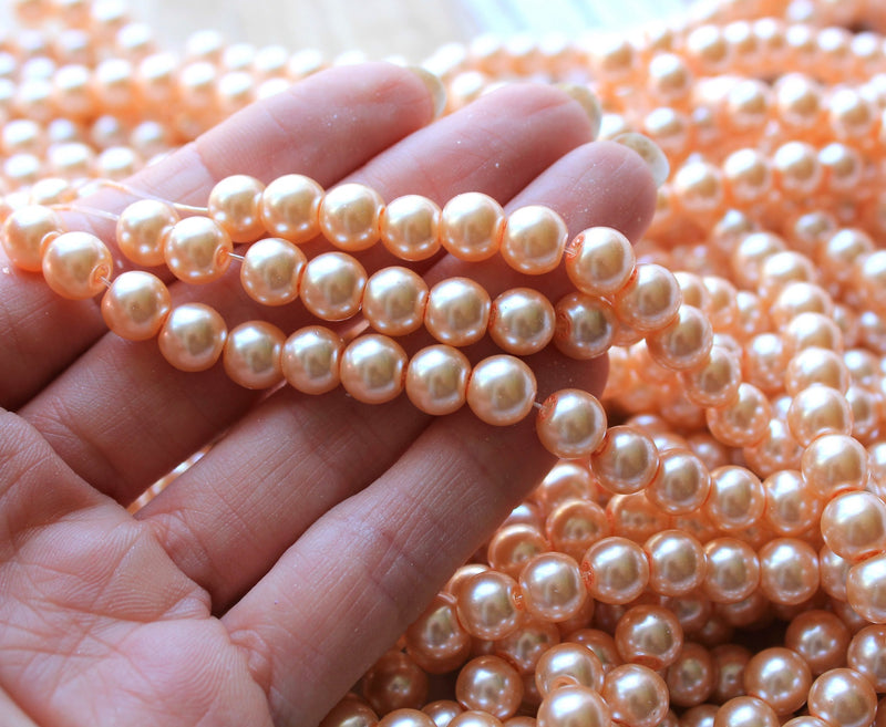 1 Strand of 8mm Round Glass Pearls ~ Light Apricot ~ Approx. 100  beads