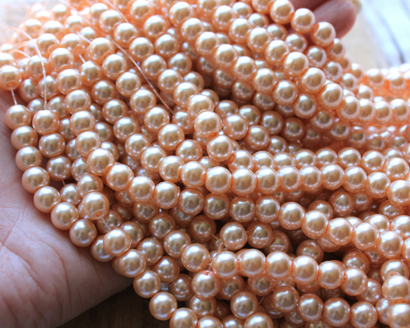 1 Strand of 8mm Round Glass Pearls ~ Light Apricot ~ Approx. 100  beads