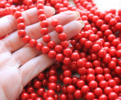 1 Strand of 8mm Round Glass Pearls ~ Coral Red ~ Approx. 100  beads