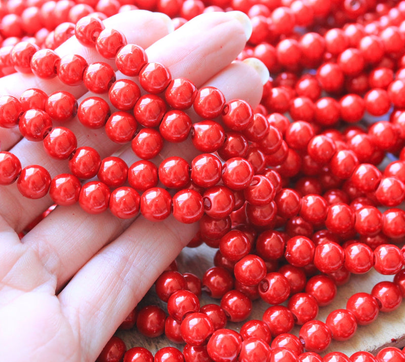 1 Strand of 8mm Round Glass Pearls ~ Coral Red ~ Approx. 100  beads