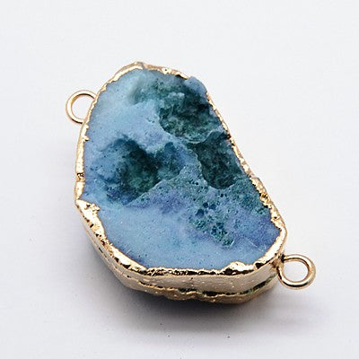 Natural Druzy Agate Stone Connector ~ Irregular Oval ~ Gold Plated Brass ~ Lt.Blue