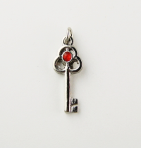 1 Silver Plate Key Charm with Red Crystal ~ 22mm