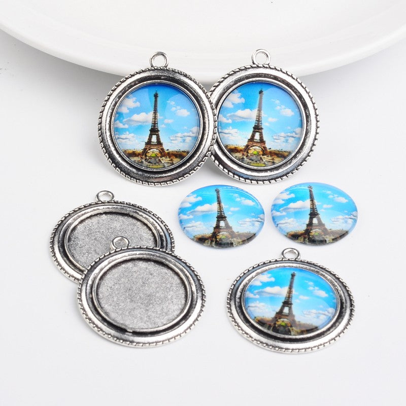 1 x Glass Cabochon and Antique Silver Pendant Setting Kit ~ Eiffel Tower ~ Lead & Nickel Free