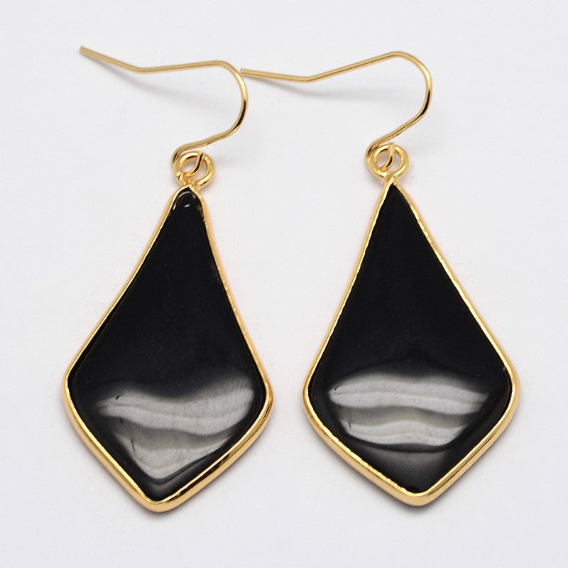 Rhombus Earrings ~ Gold Plated  ~ 38mm ~ Black Glass