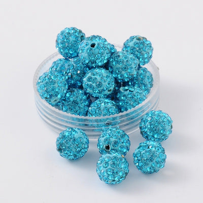 2 x Polymer Clay Rhinestone Beads ~ 10mm Round ~ Aquamarine