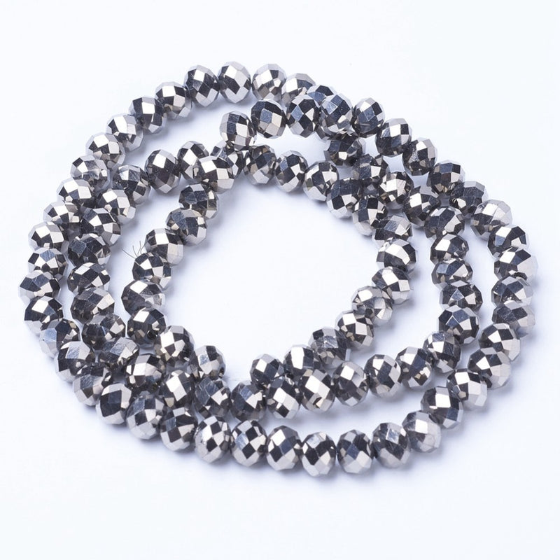 1 Strand of 8x6mm Electroplated Faceted Glass Rondelle Beads ~ Silver Plated ~ approx. 65 beads